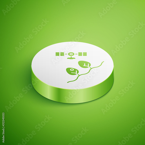 Isometric Smart farm with drone control and tree icon isolated on green background. Innovation technology for agricultural company. White circle button. Vector Illustration