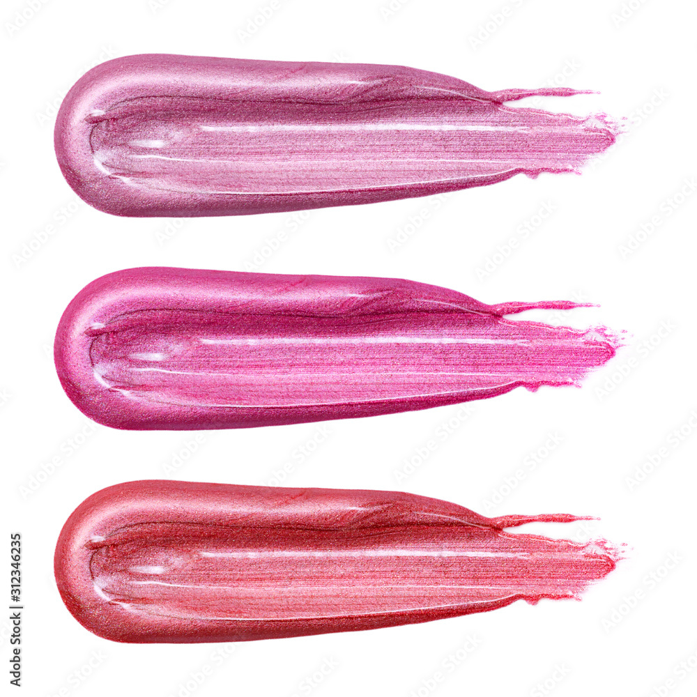 Set of different colors lip glosses smear isolated on white.