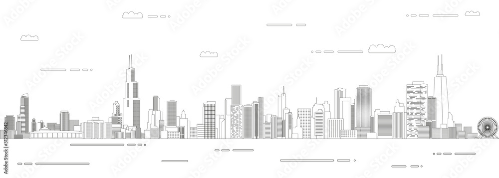 Chicago cityscape line art style vector poster illustration. Travel background