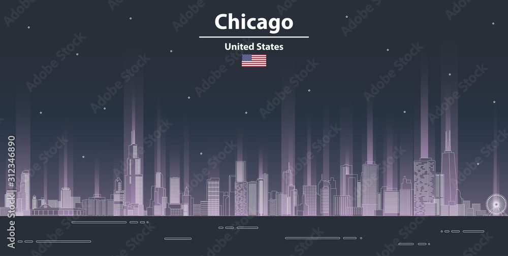 Chicago cityscape at night line art style vector poster illustration. Travel background