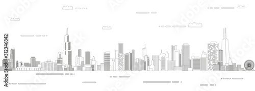 Chicago cityscape line art style vector poster illustration. Travel background