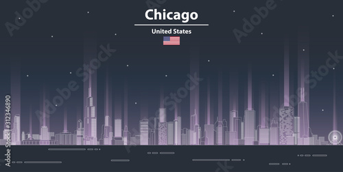 Chicago cityscape at night line art style vector poster illustration. Travel background