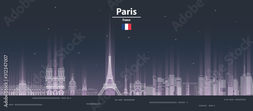 Paris cityscape at night line art style vector illustration