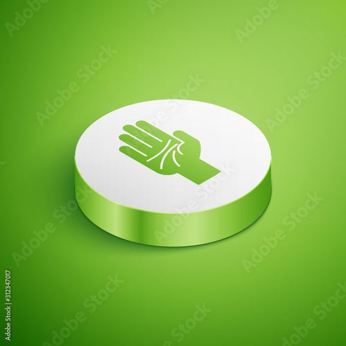 Isometric Palmistry of the hand icon isolated on green background. White circle button. Vector Illustration