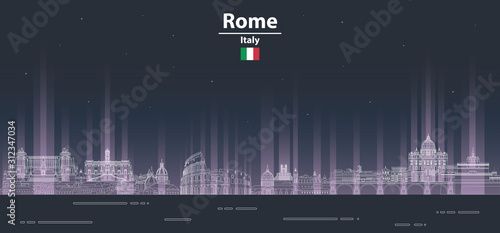 Rome cityscape at night line art style vector illustration