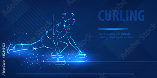 Curling woman player hold ston neon banner