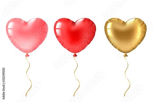 Heart balloon. Cute gold, pink and red heart shaped balloons decor, valentines day design element for romantic greeting card 3d vector set