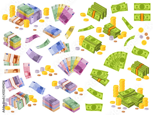 Dollar and euro banknotes. Isometric cash money, various currencies dollars and euros bundles and coins 3d financial awards vector set