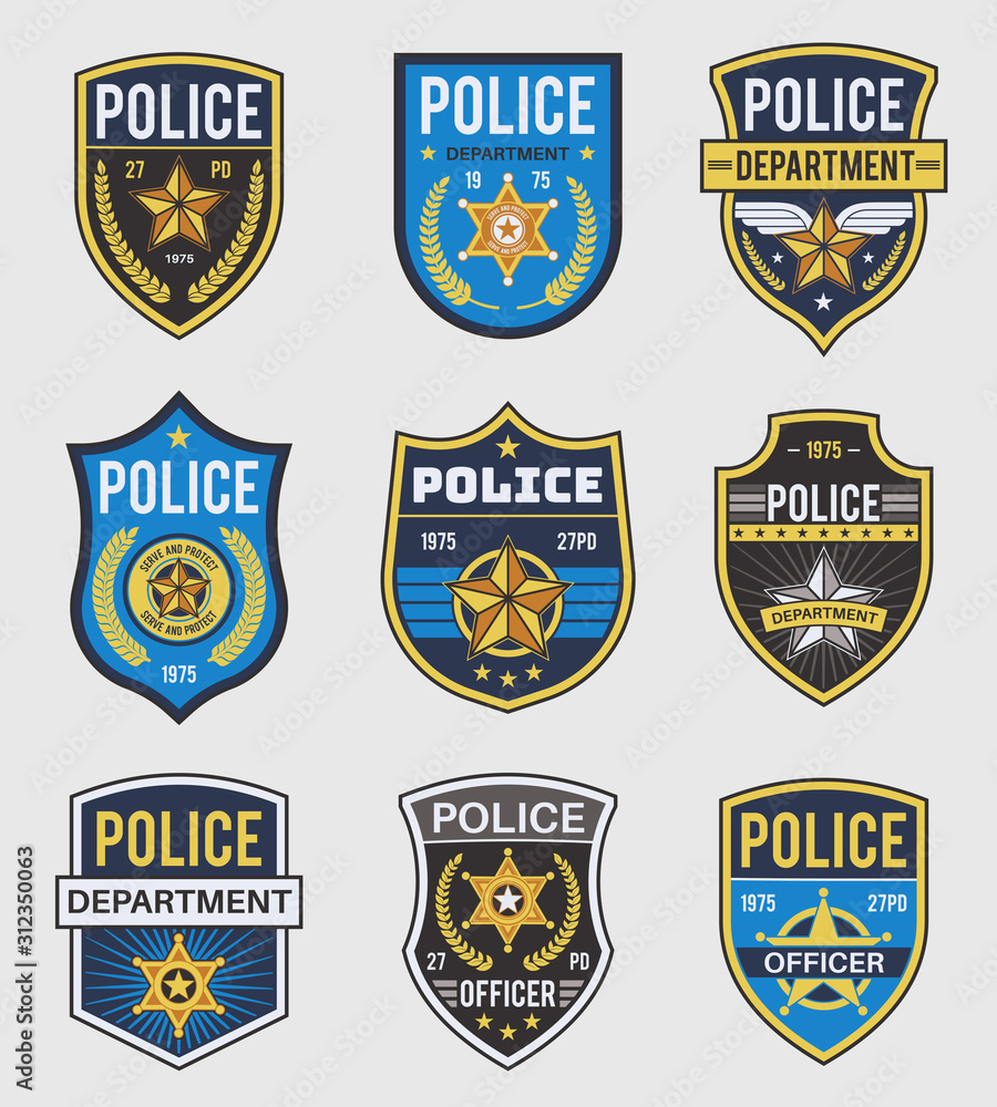 Police badges. Officer government badge, special police security medallion and federal agent signs, policeman insignia vector set