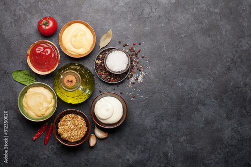 Set of various sauces. Popular sauces in bowls