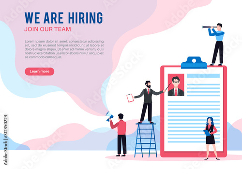We are hiring. Open vacancy hiring, job offer recruiting and interview people, announcement finding employee social media vector landing page