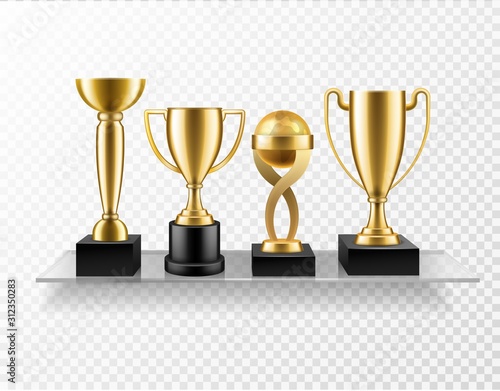 Trophy on shelf. Realistic golden cup awards on glass shelves. Championship and business achievement metallic shiny prize vector concept