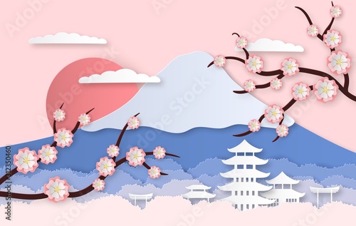 Paper sakura. Panorama landscape with japanese trees, garden flowers and hills. Paper cut style origami asia travel vector background
