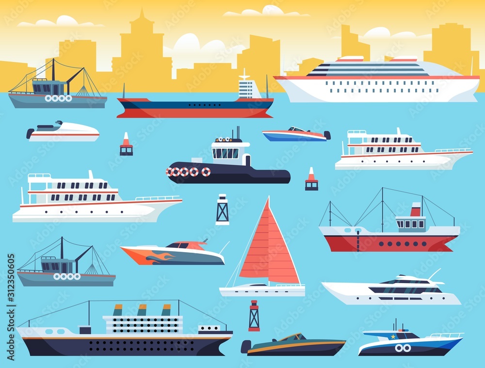 Fototapeta premium Maritime transport. Shipping dock with big sea or ocean vessel and sail boat, yacht and travel motor cruiser vector set