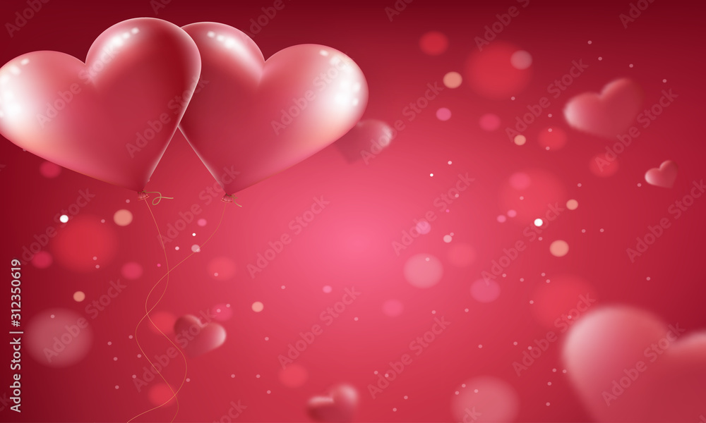 Pink Valentine's Day background with 3d hearts on red. Vector illustration. Cute love banner or greeting card. Place for text, pink floating hearts