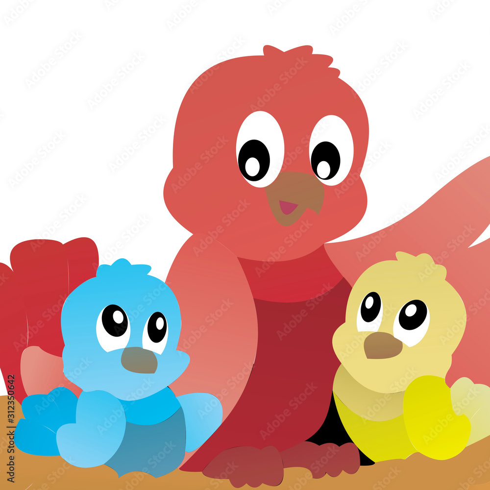 Illustration of Bird With 2 Little Bird Cartoon, Cute Funny Character, Flat Design