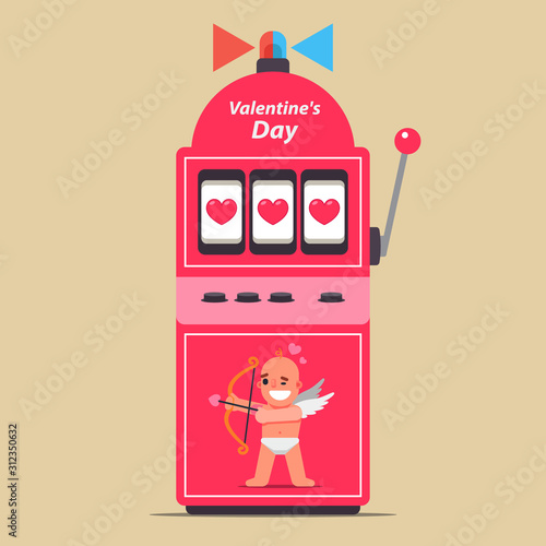Slot machine for Valentine's Day. win love. hit the big jackpot in a relationship. Flat vector illustration.