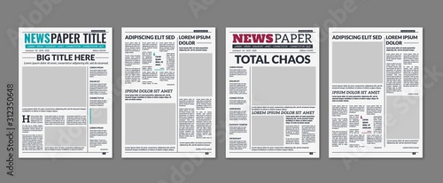 Newspaper column. Printed sheet of news paper with article text and headline publication design vector press templates photo