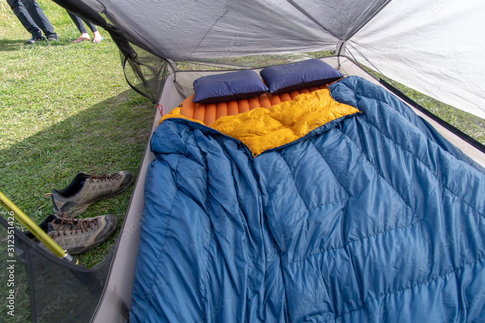 Sleeping gear inside tent