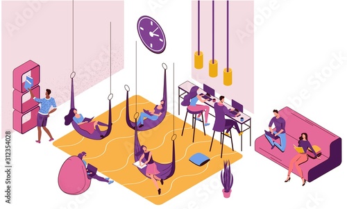 Freelancer working in office lying in hammock, people with laptop in coworking space at high tables, in bean bag chair, sitting on sofa, modern interior design, graphic vector illustration