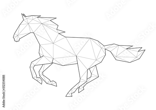 Low poly art of animals. Galloping horse. Good for wall decoration. Printable images. Suitable for coloring pages.