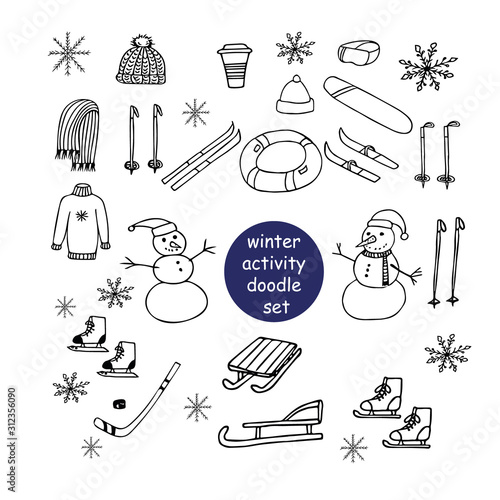 winter activity hand drawn set of elements in scandinavian style. sports equipment for winter recreation. ice skating, skiing, club
