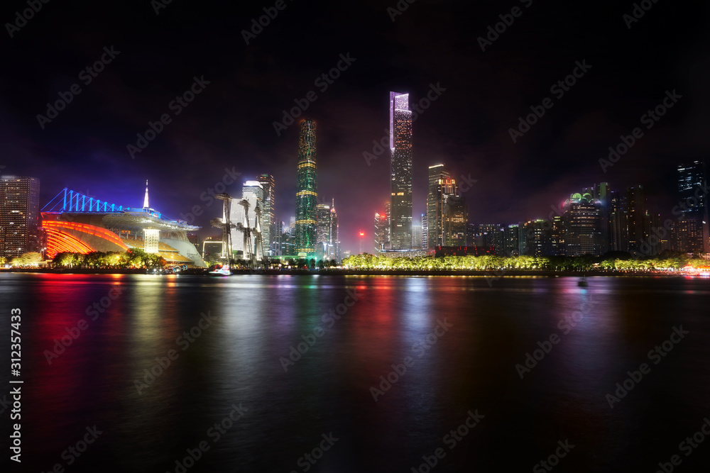  Guangzhou, China: night city view and Zhujiang (Pearl) River.