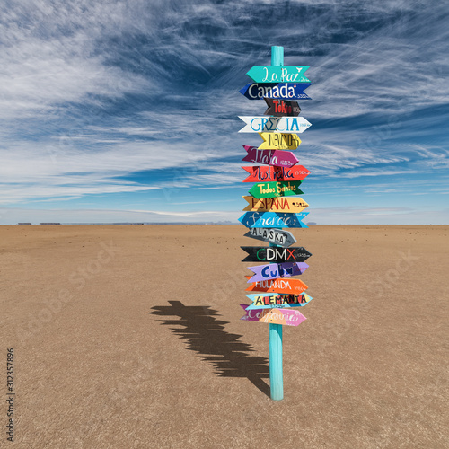 Obraz na płótnie Colorful wooden direction sign with destination countries in empty desert w salonie