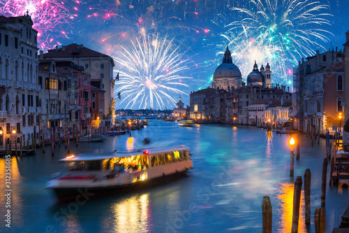 New Years firework display over Grand Canal in Venice, Italy