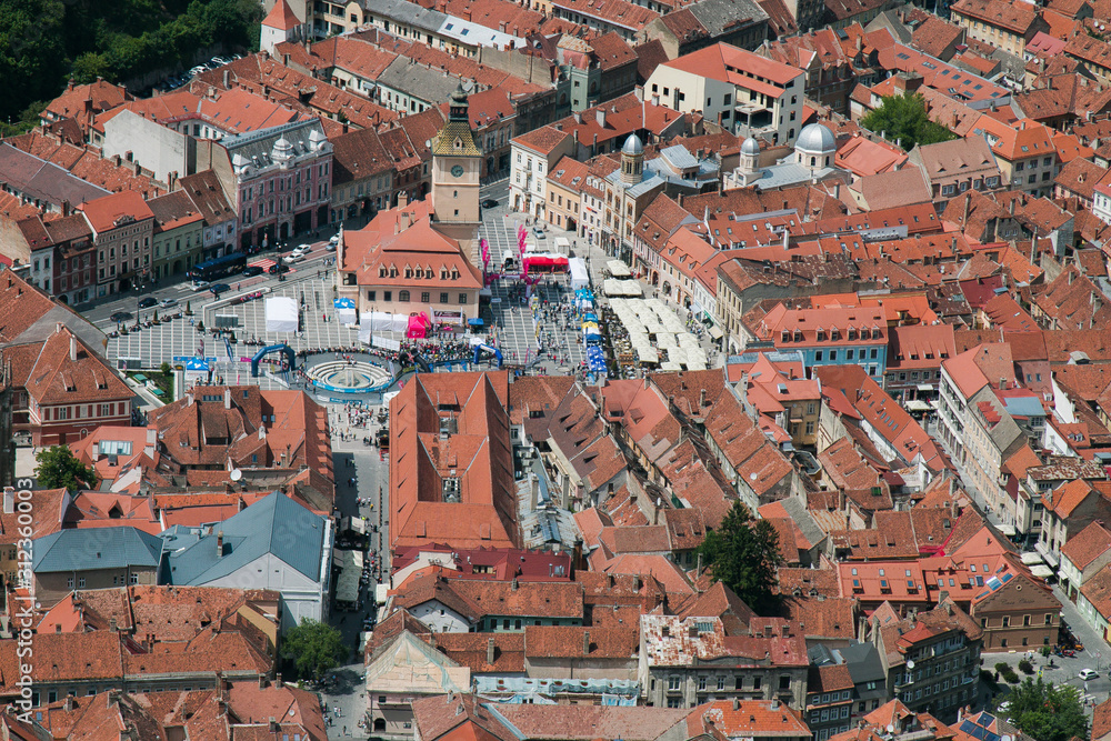Aerial view of old town center of Brasov, Romania