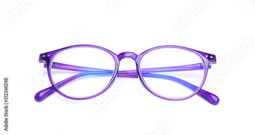 Photography Purple glasses on a white background.