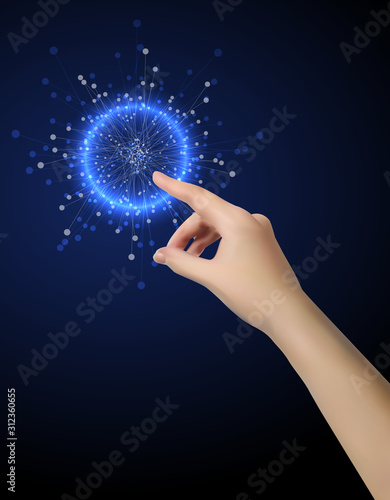 Forefinger is pressing 3D sphere on Futuristic Background. Womans wrist closeup. Silhouette of female hand. Finger pushing any screen, Touch sensor. Realistic vector Gesture shows direction or include