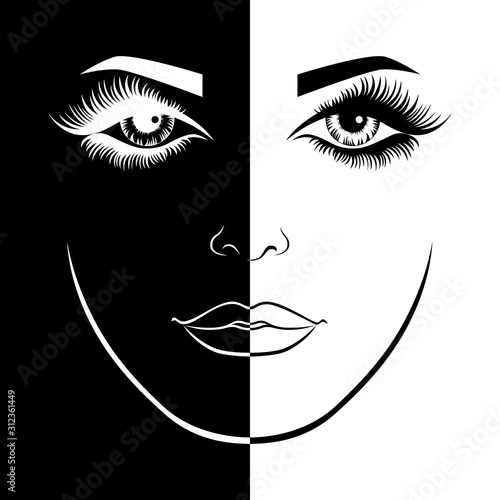 Face of beautiful lady in negative and positive space