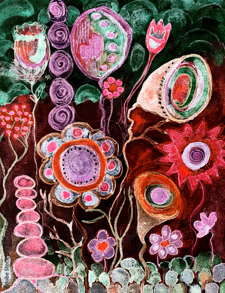 Red fantasy of folk art flowers and rocks. The dabbing technique near the edges gives a soft focus effect due to the altered surface roughness of the paper.