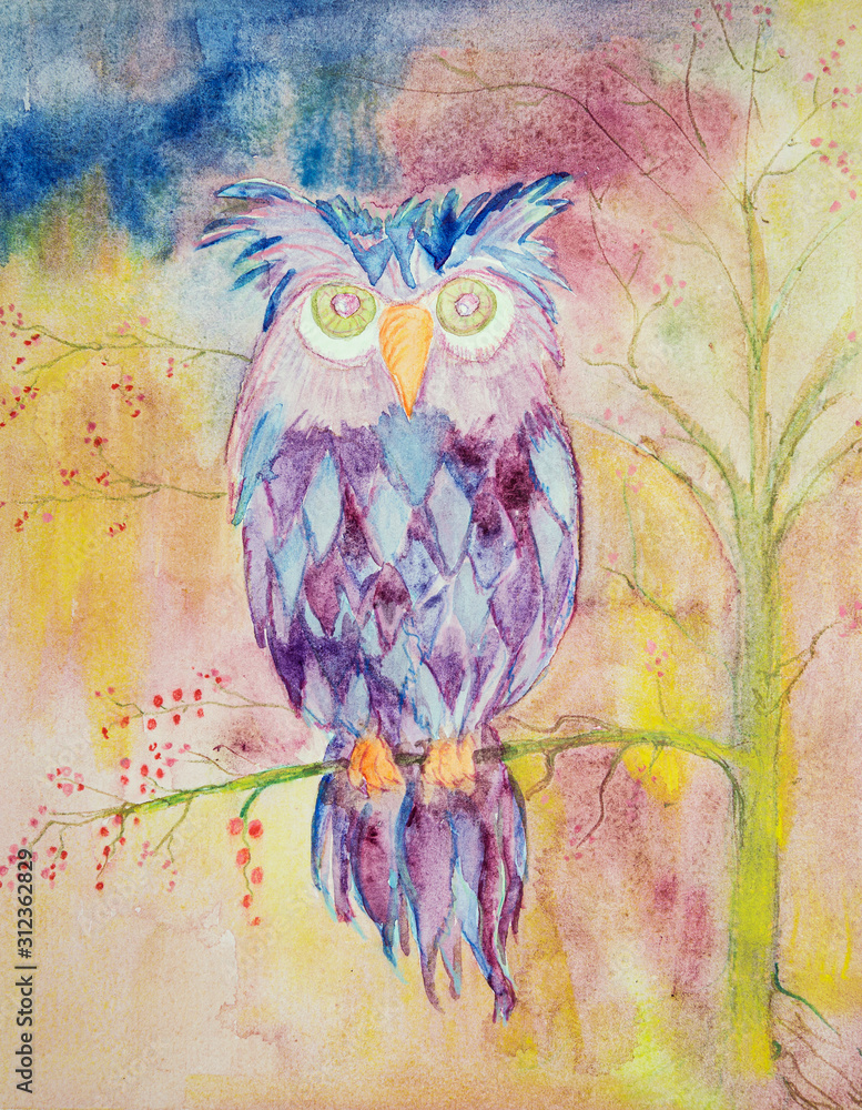 Blue owl sitting on a branch of cherry blossom. The dabbing technique near the edges gives a soft focus effect due to the altered surface roughness of the paper.