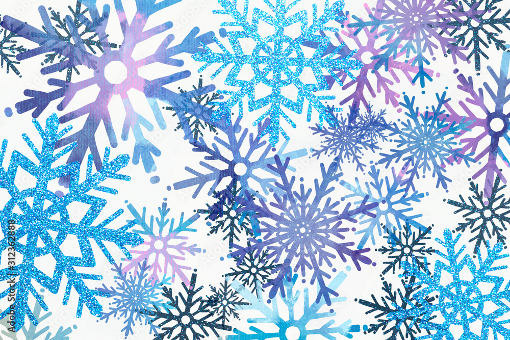 pattern with watercolor snowflakes and glitter.