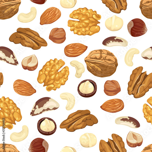 Seamless pattern with different nuts on a white background. Almond, walnut, pecan, macadamia, cashew, brazil nut and hazelnut. Vector illustration of organic healthy food in cartoon flat style. 