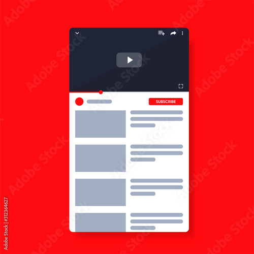 Mobile Video player youtube. Smartphone social media interface. Play video online mock up. Youtub subscribe button. UI window with navigation icon. Vector illustration.