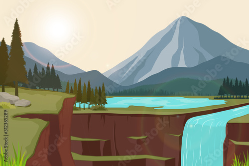 Vector illustration of natural scenery of mountains with lakes and waterfalls