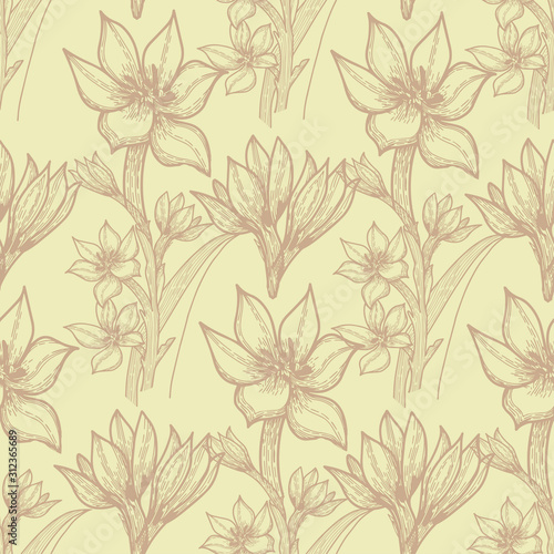seamless pattern with abstract hand-drawn flowers on a light brown background  vector illstrations