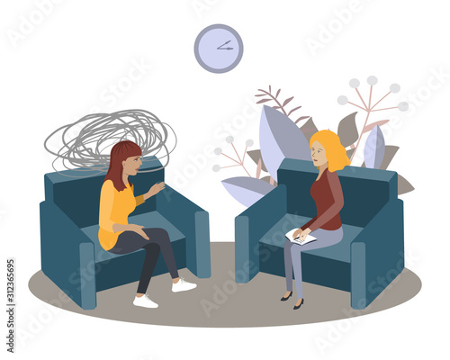 Psychotherapy session vector illustration. Woman psychologist and woman patient, society psychiatry concept