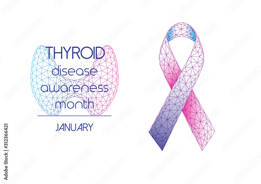 Thyroid disease awareness month web banner template with low polygonal ribbon bow and thyroid gland - obrazy, fototapety, plakaty 
