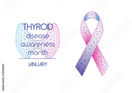 Thyroid disease awareness month web banner template with low polygonal ribbon bow and thyroid gland