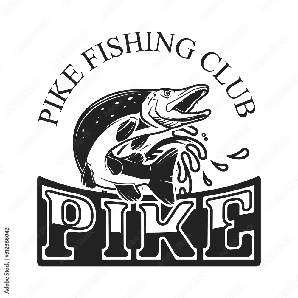 Pike fishing. Emblem template with pike fish. Design element for logo, label, design. Vector illustration