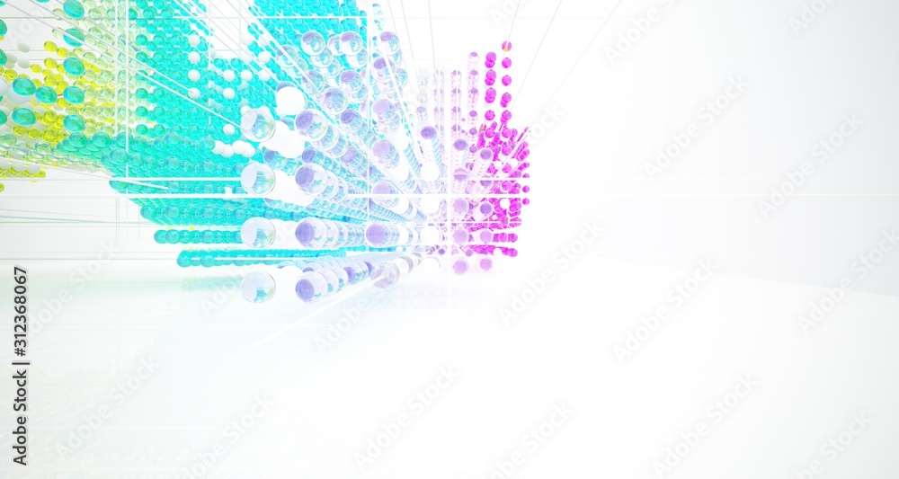 Obraz premium Abstract white interior from array colored gradient glasses spheres with large window. 3D illustration and rendering.