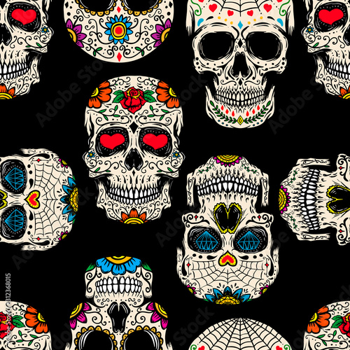 Seamless pattern with mexican sugar skulls. Design element for poster, card, banner, clothes decoration. Vector illustration