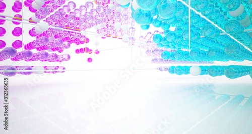 Abstract white interior from array colored gradient glasses spheres with large window. 3D illustration and rendering.