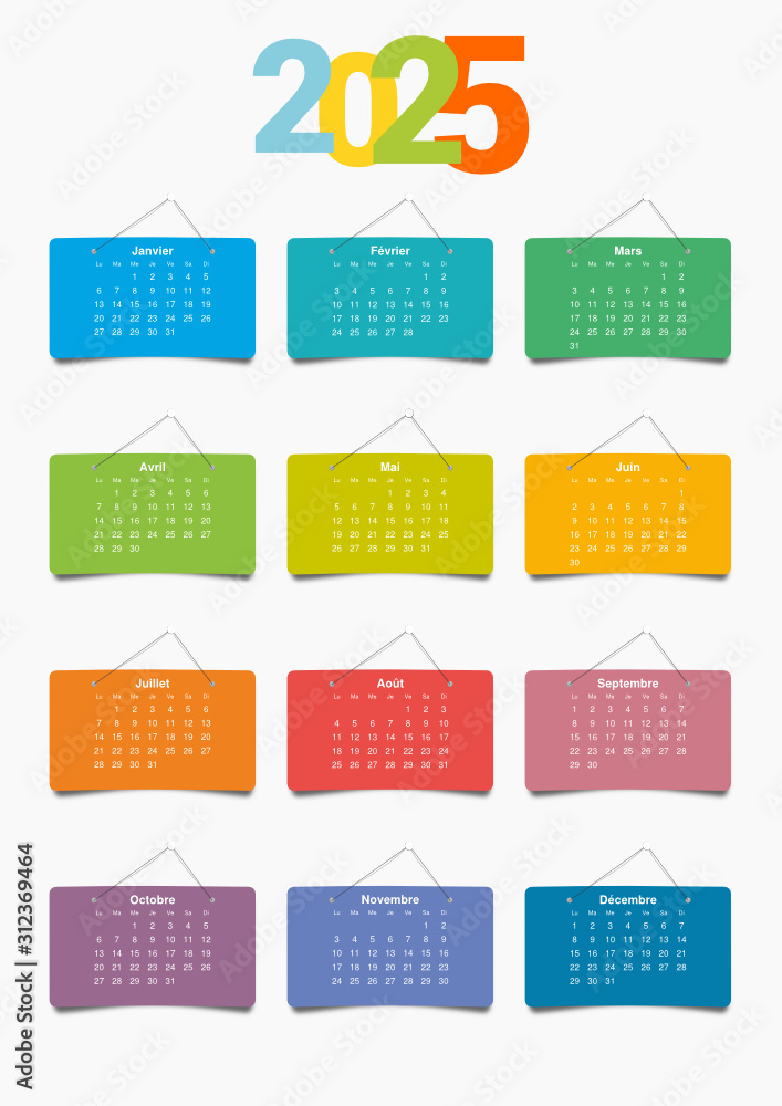 Calendrier décoratif 2025 en version française, avec les 12 mois