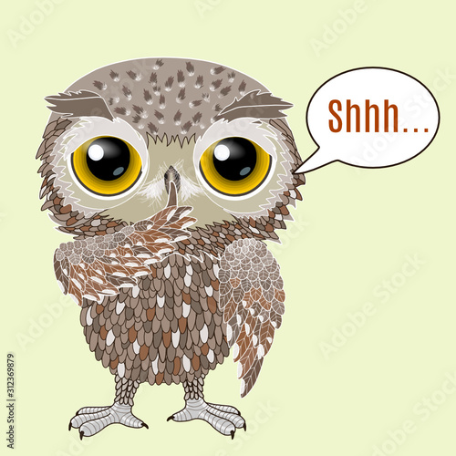 cool owl saying Shh h emoji, emoticon with keep silent gesture, a finger on mouth pose, silence! stop talking! or shut up! expression, vector hand drawing