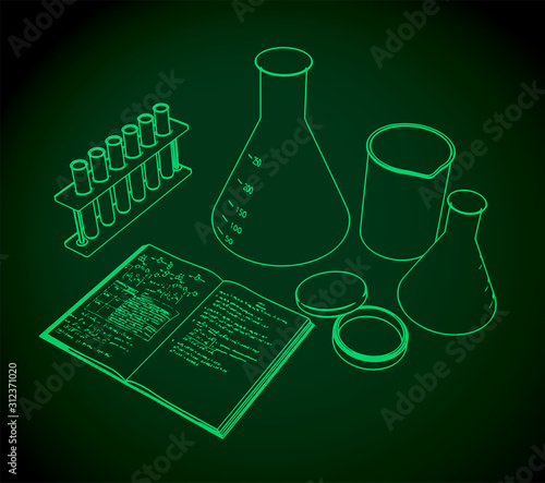 Laboratory test tubes flasks and workbook